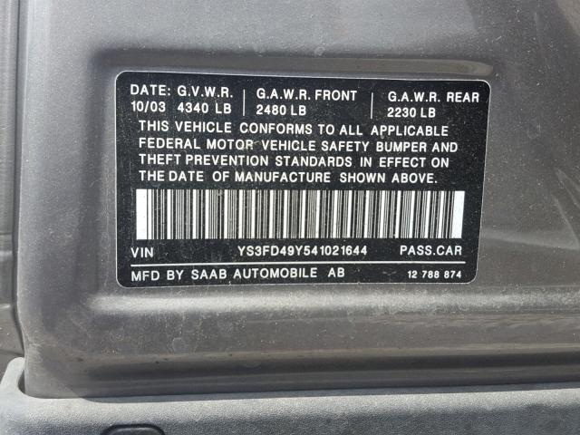 YS3FD49Y541021644 - 2004 SAAB 9-3 ARC GRAY photo 10