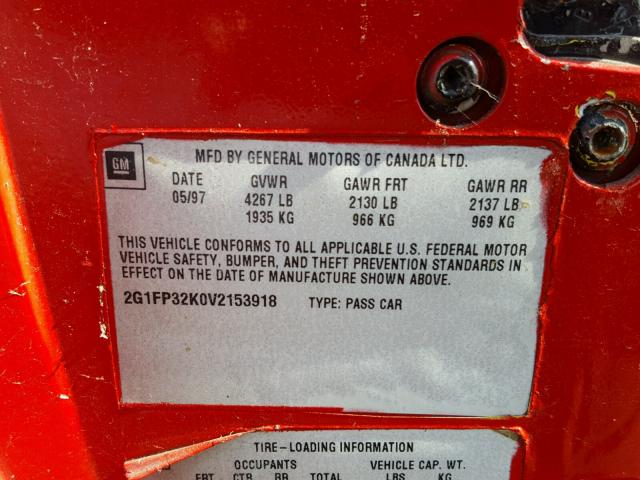 2G1FP32K0V2153918 - 1997 CHEVROLET CAMARO BAS 红色 照片 10