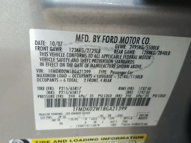 1FMDK02W18GA21399 - 2008 FORD TAURUS X SILVER photo 10