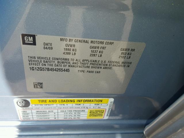 1G1ZG57B494265445 - 2009 CHEVROLET MALIBU LS BLUE photo 10