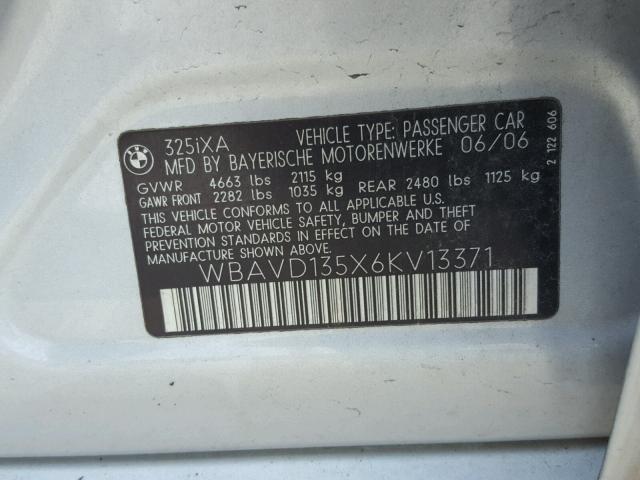 WBAVD135X6KV13371 - 2006 BMW 325 XI SILVER photo 10