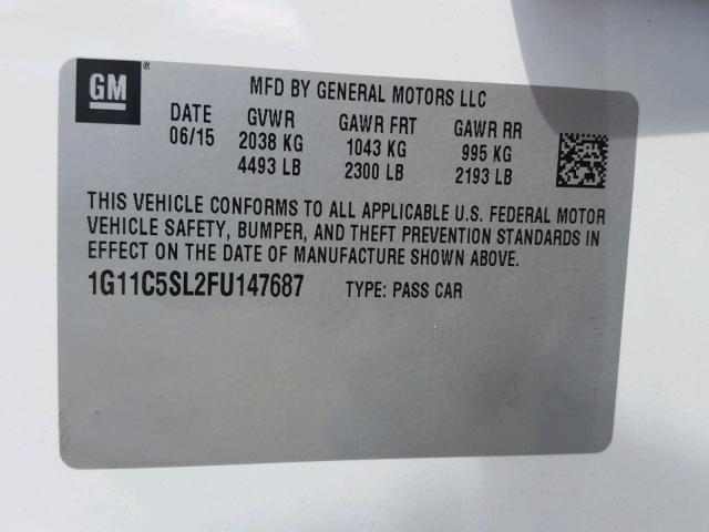 1G11C5SL2FU147687 - 2015 CHEVROLET MALIBU 1LT WHITE photo 10