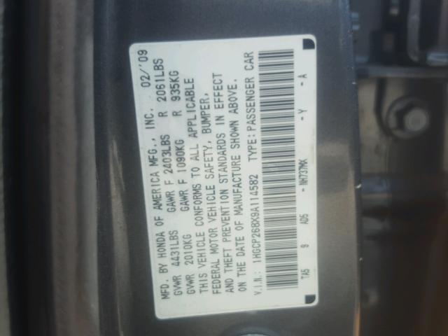 1HGCP268X9A114582 - 2009 HONDA ACCORD EXL CHARCOAL photo 10