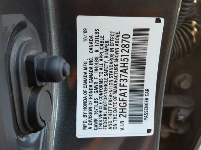 2HGFA1F37AH512870 - 2010 HONDA CIVIC CHARCOAL photo 10