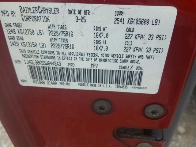 1J4GL38K65W644243 - 2005 JEEP LIBERTY RE MAROON photo 10