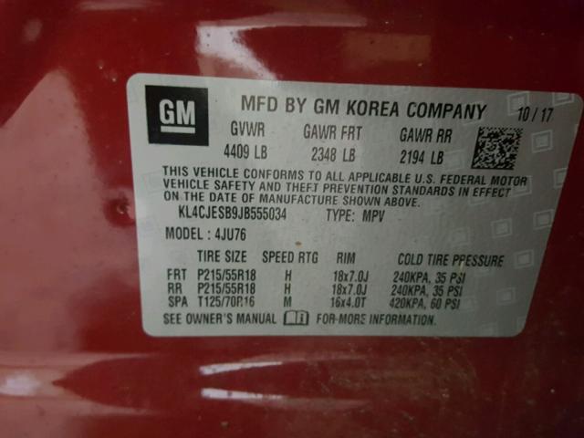 KL4CJESB9JB555034 - 2018 BUICK ENCORE PRE RED photo 10