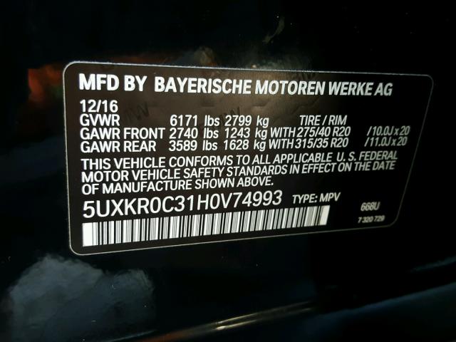 5UXKR0C31H0V74993 - 2017 BMW X5 XDRIVE3 BLACK photo 10