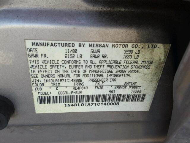 1N4DL01A71C148006 - 2001 NISSAN ALTIMA GXE SILVER photo 10