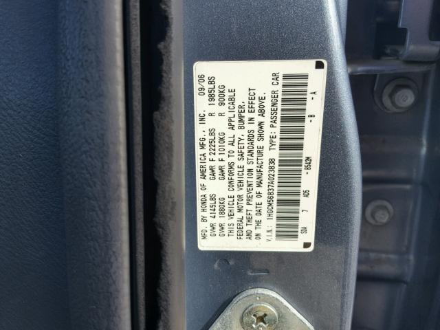 1HGCM56837A023838 - 2007 HONDA ACCORD EX BLUE photo 10