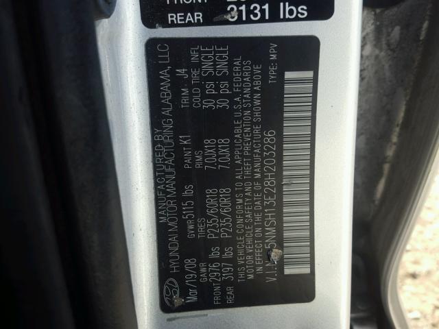 5NMSH13E28H203286 - 2008 HYUNDAI SANTA FE S SILVER photo 10