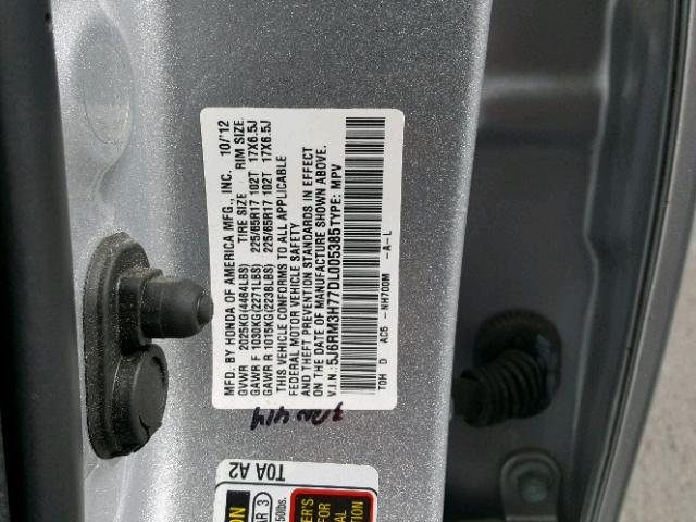 5J6RM3H77DL005385 - 2013 HONDA CR-V SILVER photo 10