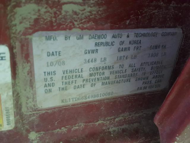 KL1TD66E49B610080 - 2009 CHEVROLET AVEO LS RED photo 10