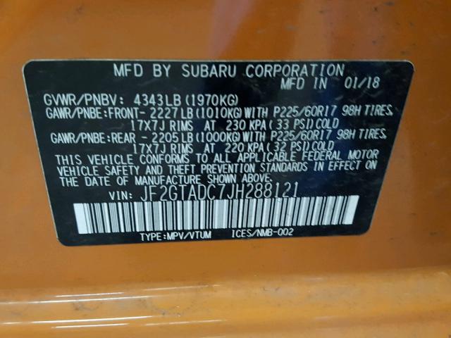 JF2GTADC7JH288121 - 2018 SUBARU CROSSTREK ORANGE photo 10