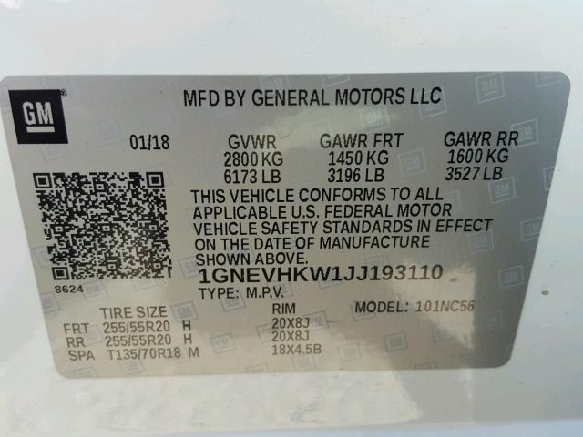 1GNEVHKW1JJ193110 - 2018 CHEVROLET TRAVERSE L თეთრი ფოტო 10