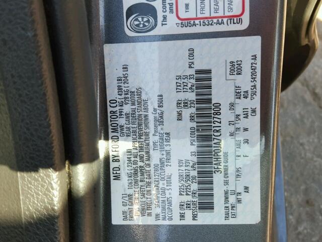 3FAHP0JA7CR127800 - 2012 FORD FUSION GRAY photo 10