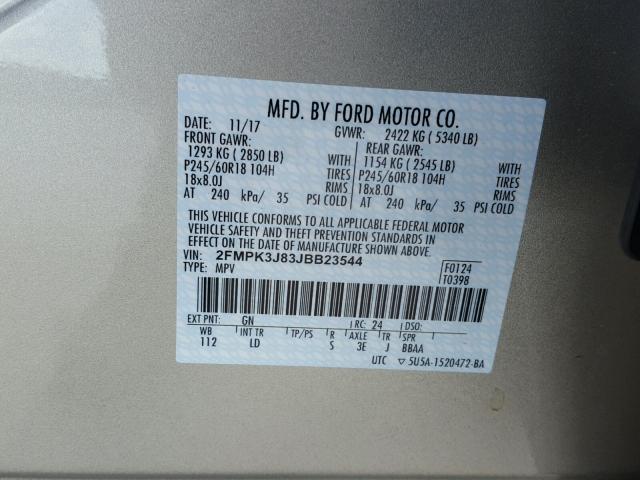 2FMPK3J83JBB23544 - 2018 FORD EDGE SEL GOLD photo 10