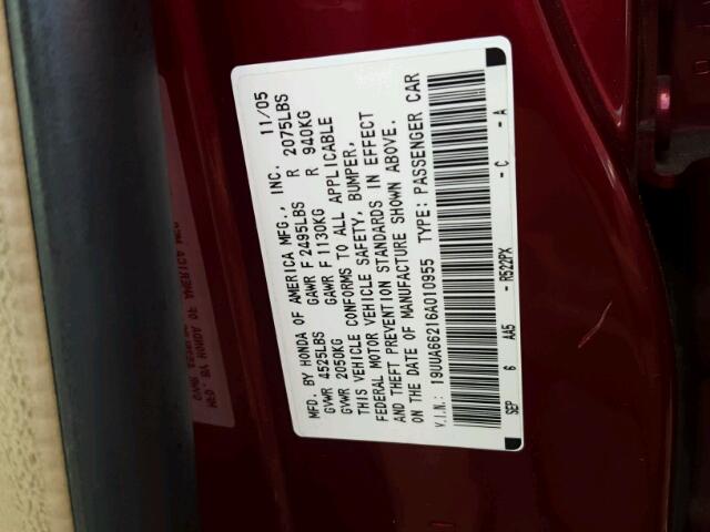 19UUA66216A010955 - 2006 ACURA 3.2TL BURGUNDY photo 10