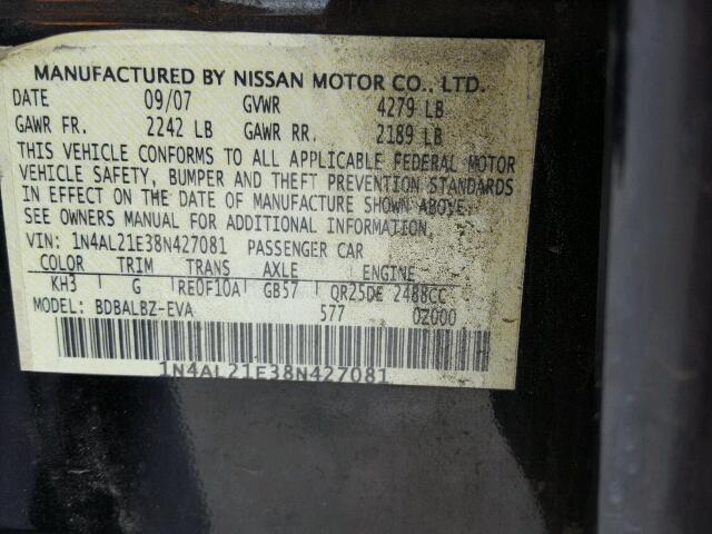 1N4AL21E38N427081 - 2008 NISSAN ALTIMA 2.5 BLACK photo 10