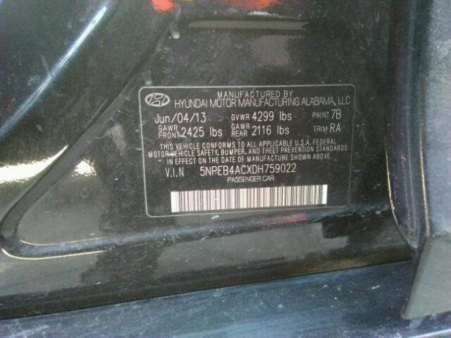 5NPEB4ACXDH759022 - 2013 HYUNDAI SONATA GLS BLACK photo 10