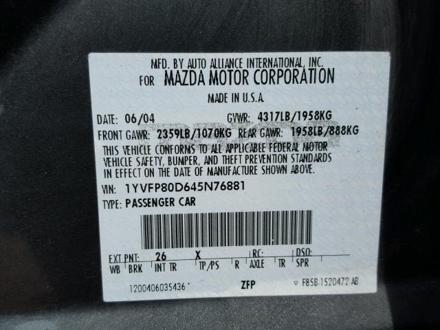 1YVFP80D645N76881 - 2004 MAZDA 6 S GRAY photo 10