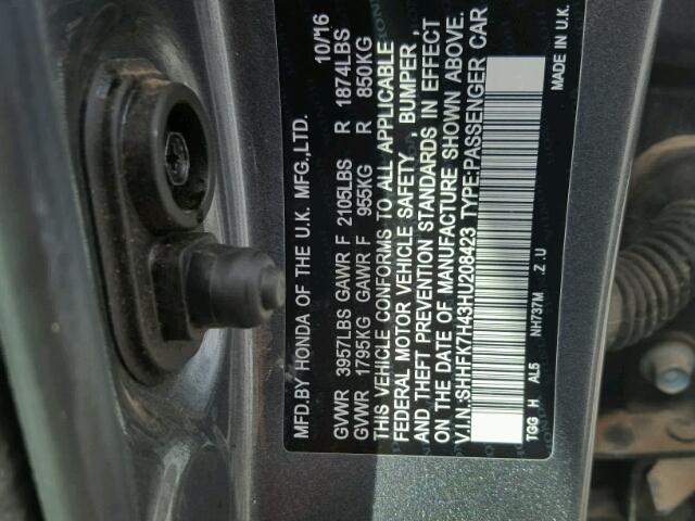 SHHFK7H43HU208423 - 2017 HONDA CIVIC SPOR GRAY photo 10