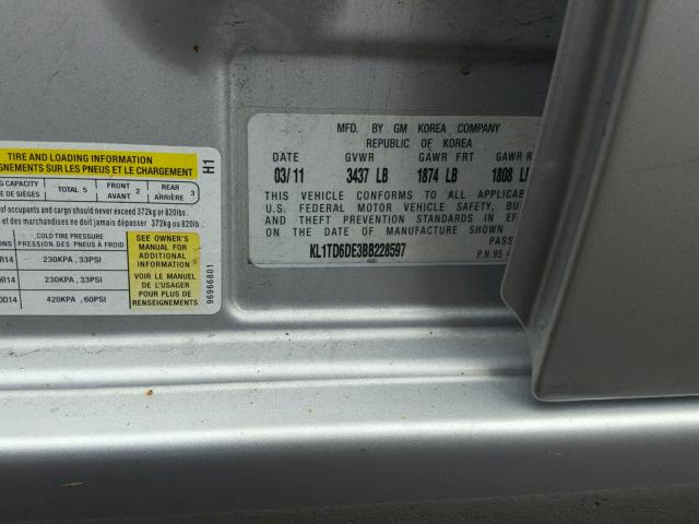 KL1TD6DE3BB228597 - 2011 CHEVROLET AVEO LS SILVER photo 10