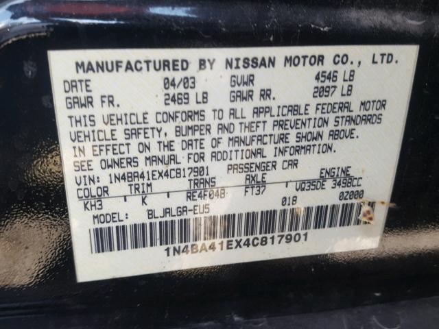 1N4BA41EX4C817901 - 2004 NISSAN MAXIMA SE BLACK photo 10