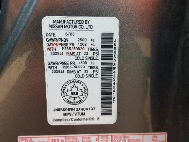 JNRBS08W43X404197 - 2003 INFINITI FX45 GRAY photo 10