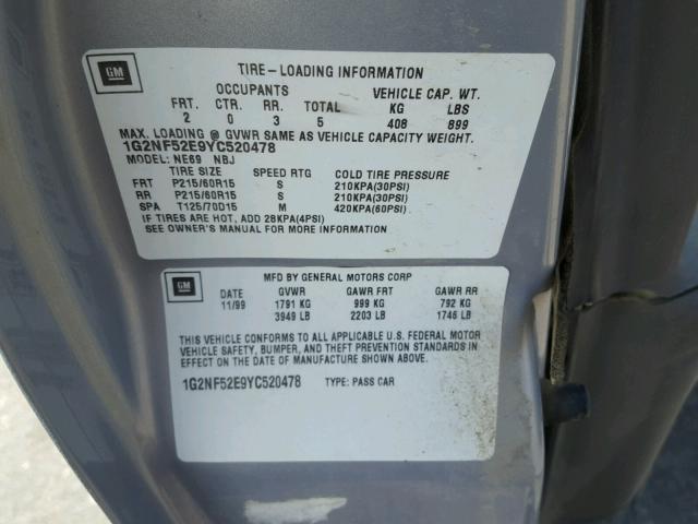 1G2NF52E9YC520478 - 2000 PONTIAC GRAND AM S Gümüş foto 10
