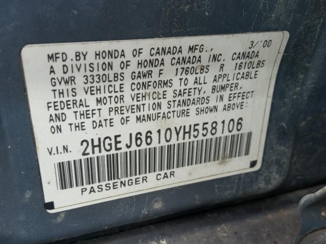 2HGEJ6610YH558106 - 2000 HONDA CIVIC BASE BLUE photo 10