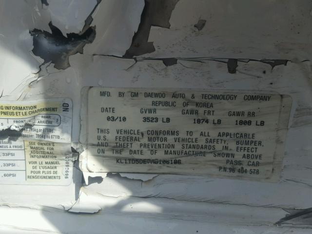 KL1TD5DE7AB106186 - 2010 CHEVROLET AVEO LS WHITE photo 10