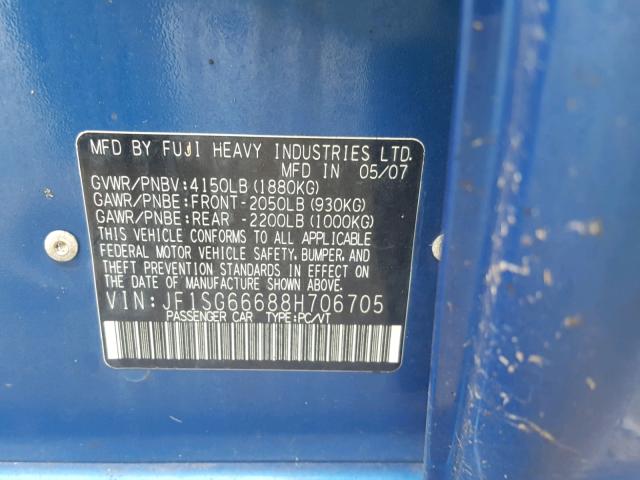 JF1SG66688H706705 - 2008 SUBARU FORESTER S ლურჯი ფოტო 10