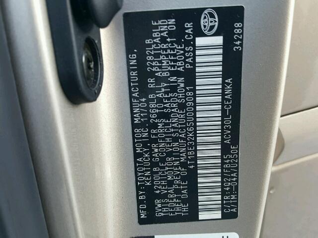 4T1BE32K65U009081 - 2005 TOYOTA CAMRY LE 米色 照片 10