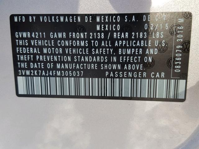 3VW2K7AJ4FM305037 - 2015 VOLKSWAGEN JETTA BASE 银色 照片 10