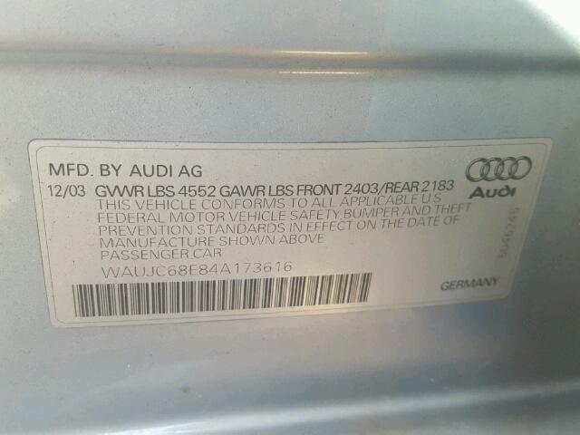 WAUJC68E84A173616 - 2004 AUDI A4 BLUE photo 10