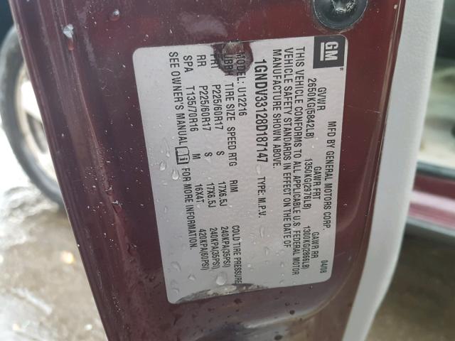 1GNDV33128D187147 - 2008 CHEVROLET UPLANDER L 勃艮第红 照片 10