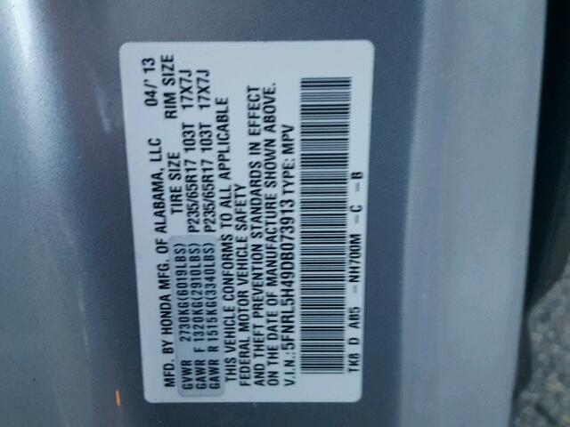 5FNRL5H49DB073913 - 2013 HONDA ODYSSEY EX SILVER photo 10