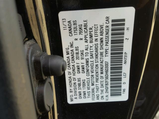 2HGFB2F56DH603007 - 2013 HONDA CIVIC LX BLACK photo 10