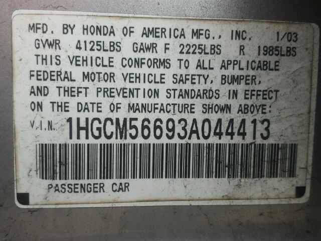 1HGCM56693A044413 - 2003 HONDA ACCORD SILVER photo 10