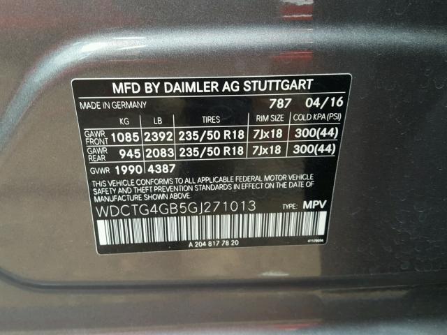 WDCTG4GB5GJ271013 - 2016 MERCEDES-BENZ GLA SILVER photo 10