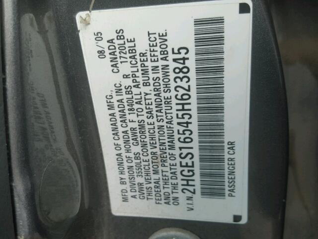 2HGES16545H623845 - 2005 HONDA CIVIC SILVER photo 10