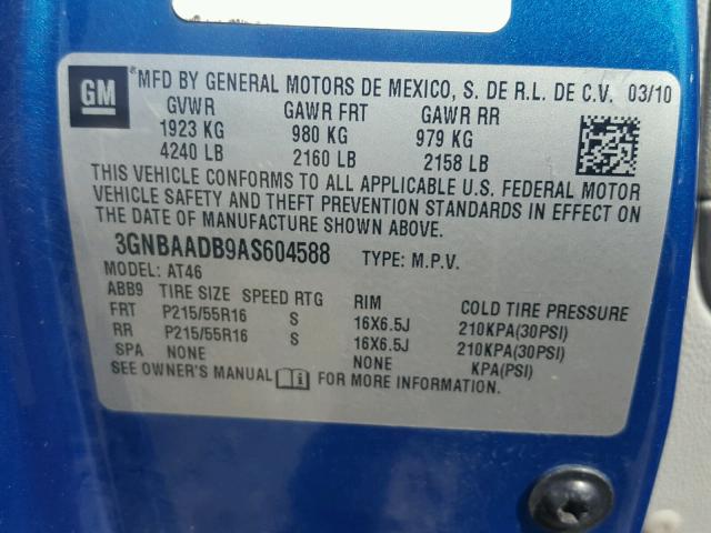 3GNBAADB9AS604588 - 2010 CHEVROLET HHR LS Azul foto 10