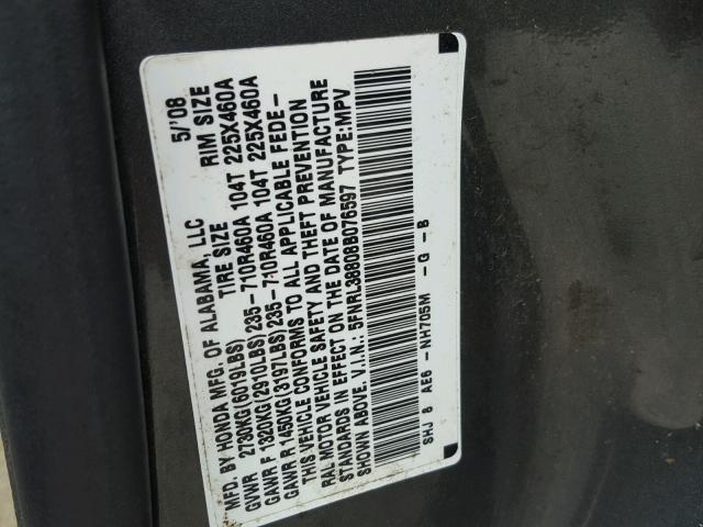 5FNRL38808B076597 - 2008 HONDA ODYSSEY TO GRAY photo 10