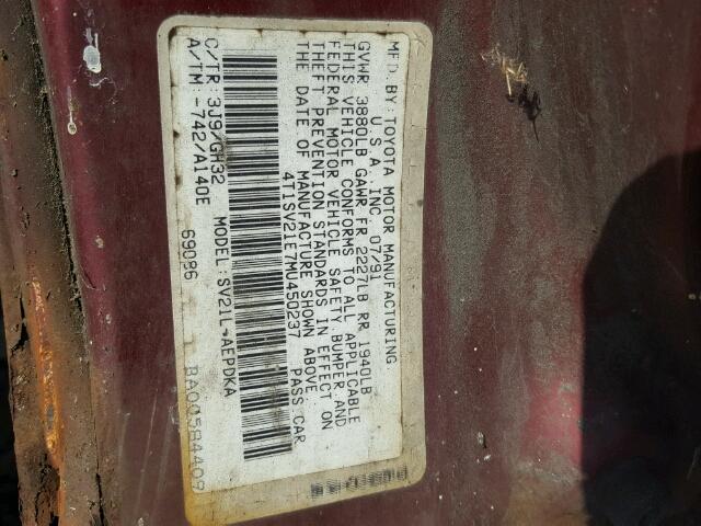 4T1SV21E7MU450237 - 1991 TOYOTA CAMRY DLX RED photo 10