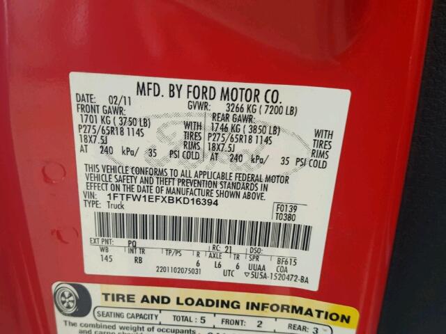 1FTFW1EFXBKD16394 - 2011 FORD F150 SUPER RED photo 10