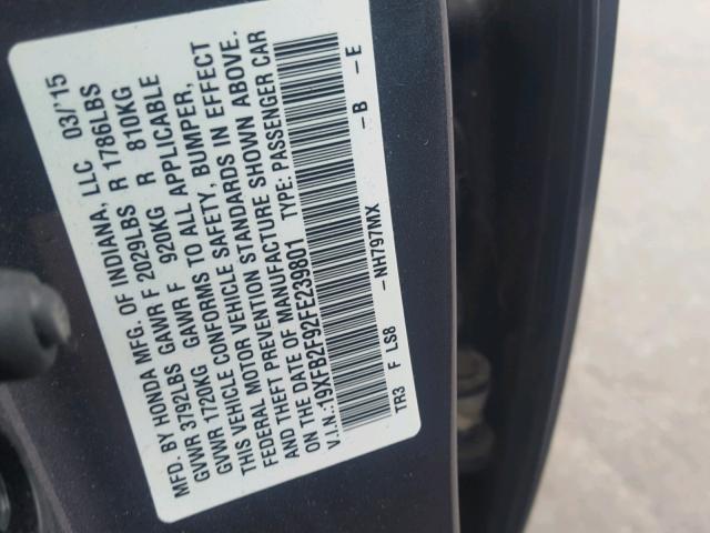 19XFB2F92FE239801 - 2015 HONDA CIVIC EXL ნაცრისფერი ფოტო 10