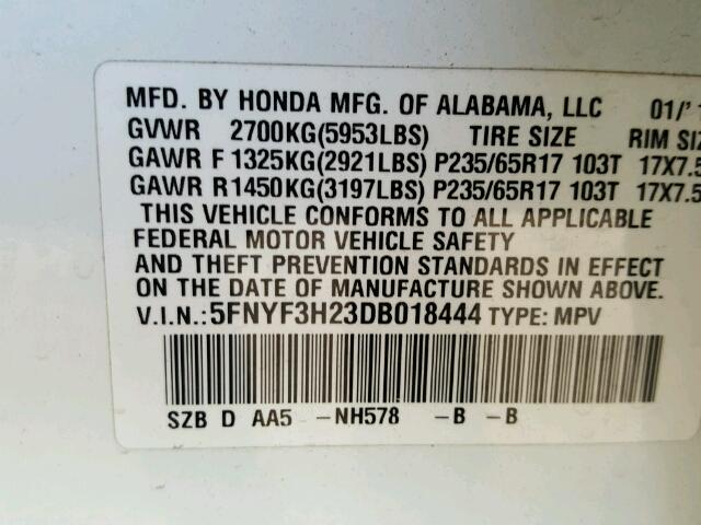 5FNYF3H23DB018444 - 2013 HONDA PILOT LX WHITE photo 10