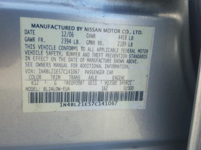 1N4BL21E57C141067 - 2007 NISSAN ALTIMA SILVER photo 10