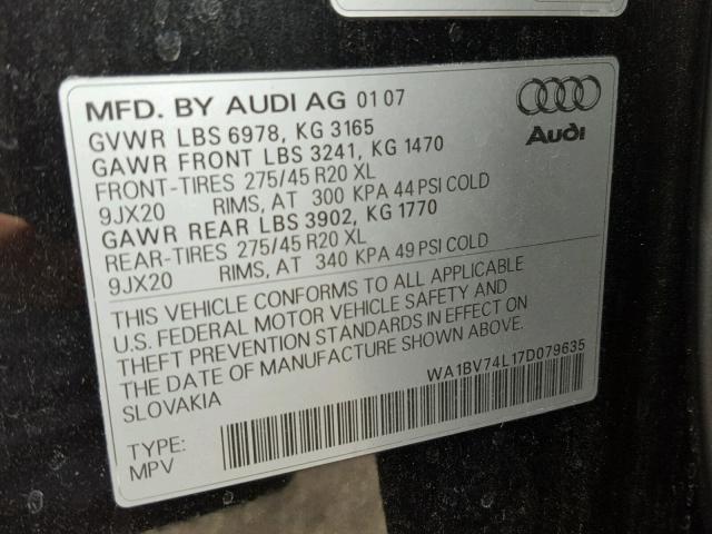 WA1BV74L17D079635 - 2007 AUDI Q7 BLACK photo 10