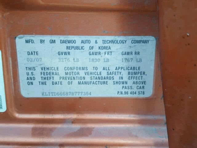 KL1TD66687B777354 - 2007 CHEVROLET AVEO BASE 橙色 照片 10